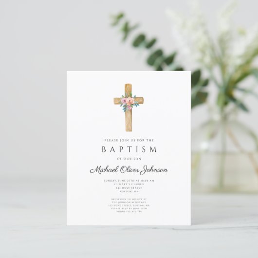 Budget Moderne Floral Cross Baptisme Invite (Staand voorkant)