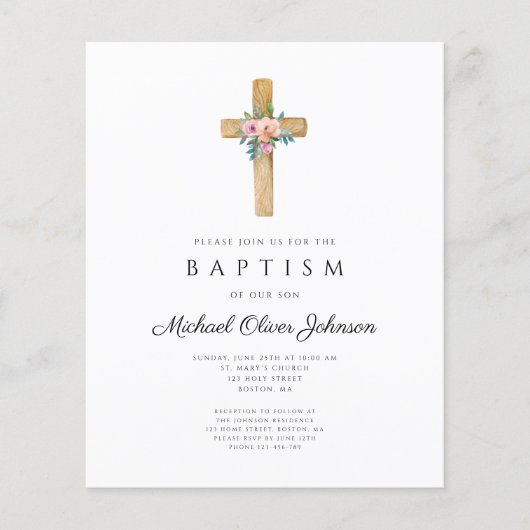 Budget Moderne Floral Cross Baptisme Invite (Voorkant)