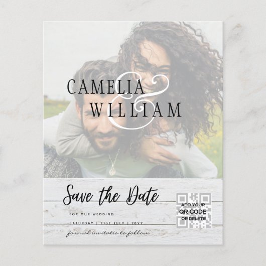 BUDGET Moderne FOTO Save the Date QR CODE RSVP Flyer (Voorkant)