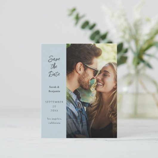 Budget Moderne Foto & Side Save the Date - D Blue (Staand voorkant)