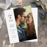 Budget Moderne Foto & Side Save the Date - White<br><div class="desc">** SATIN PAPIER IS PAPIER THIN. UPGRADE HET PAPIER VOOR EEN THICKERPAPIER. HEEFT EEN OPTIE VOOR BEVELINGEN. *** Bespaar geld op uitnodigingen met deze kleinere uitnodiging die een optie voor enveloppen heeft. Bereid uw gasten voor op de geweldige bruiloft met uw moderne foto en zijkant Opslaan als datum - zwarte...</div>