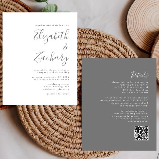Budget moderne grijze script QR-code trouwuitnodig