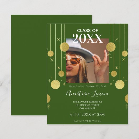 Budget Moderne Groene & Gold Afstuderen Uitnodigin (Voorkant / Achterkant)