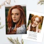 Budget Moderne Kalligrafie Foto Graduation Party Kaart<br><div class="desc">Budget Moderne Kalligrafie Foto Graduation Party uitnodiging beschikt over een grote,  volledige afloopfoto op de voorkant,  samen met twee foto's en uw afstudeerfeestdetails op de achterkant.</div>