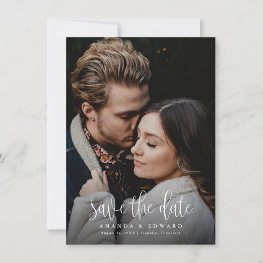 Budget Moderne Kalligrafie Script Twee Foto QR Cod Save The Date (Voorkant)