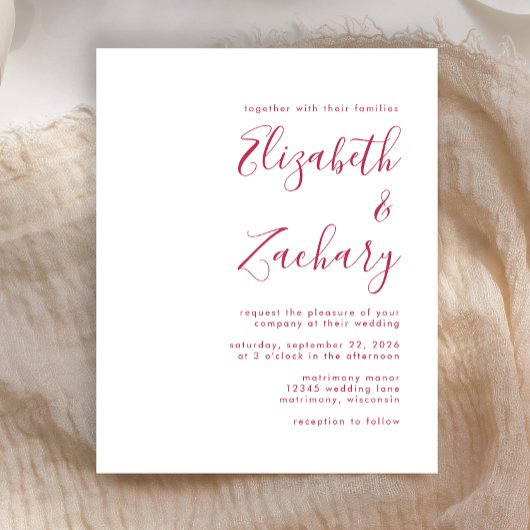 Budget moderne magenta script huwelijksuitnodiging