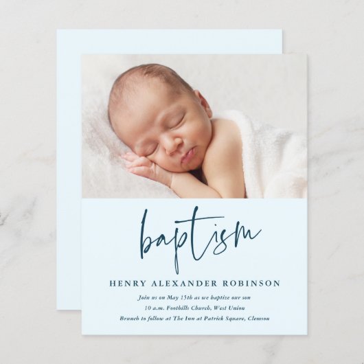 Budget Moderne Manuscript Boys Baptisme Uitnodigin (Voorkant / Achterkant)