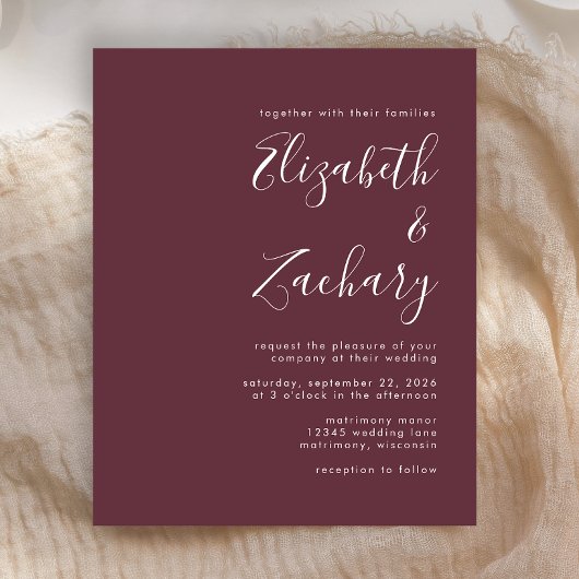Budget Moderne Manuscript Burgundy Wedding Invitat