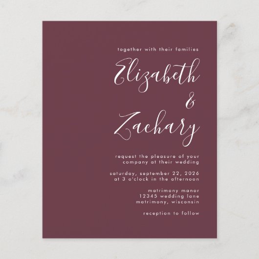 Budget Moderne Manuscript Burgundy Wedding Invitat (Voorkant)