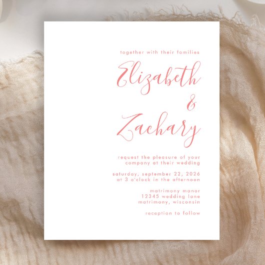 Budget Moderne Manuscript Coral Wedding Uitnodigin