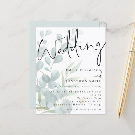 Budget Moderne Manuscript Eucalyptus Wedding Uitno (Voorkant / Achterkant in situ)