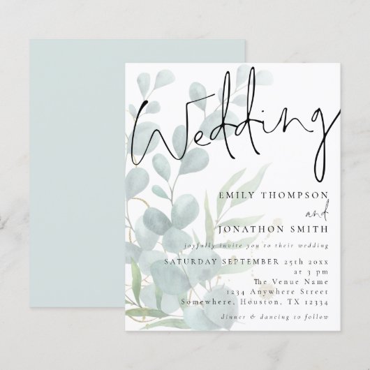 Budget Moderne Manuscript Eucalyptus Wedding Uitno (Voorkant / Achterkant)
