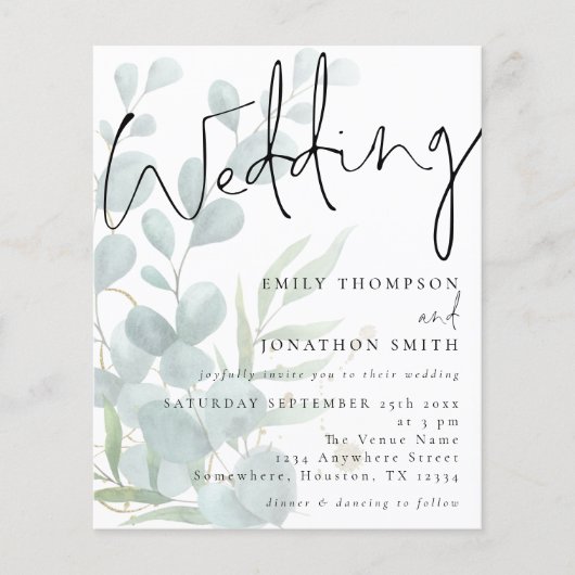 Budget Moderne Manuscript Eucalyptus Wedding Uitno (Voorkant)