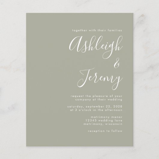 Budget Moderne Manuscript Sage Green Wedding Uitno (Voorkant)