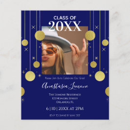 Budget Moderne marine & Gold Afstuderen Uitnodigin