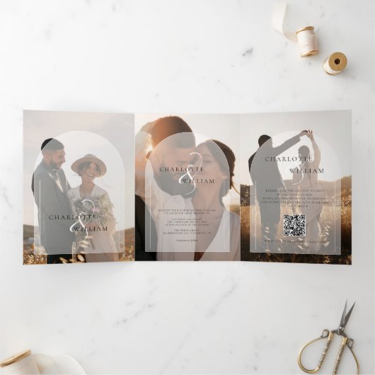 Budget Moderne Multi Foto RSVP Details Bruiloft Drieluik Uitnodiging (Binnen)