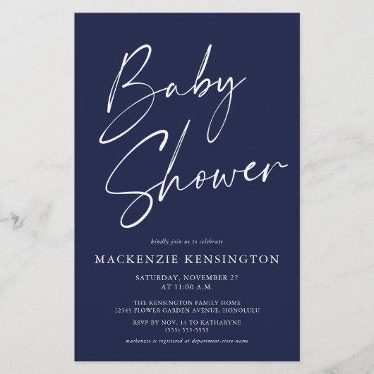 Budget Moderne Navy Blue Script Baby shower FLYER (Voorkant)