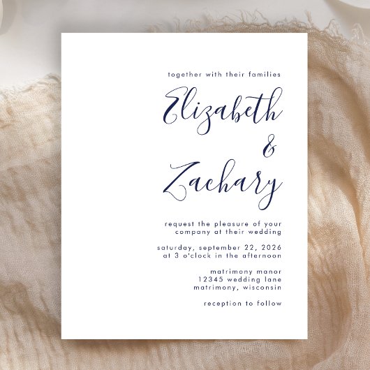 Budget Moderne Navy Blue Script Wedding Invitation