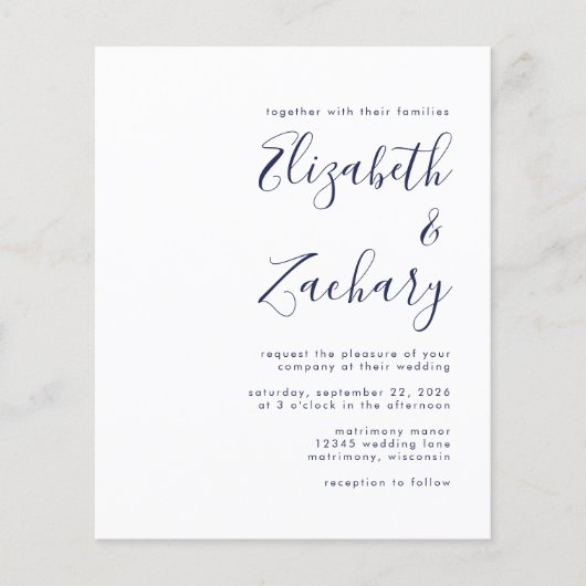 Budget Moderne Navy Blue Script Wedding Invitation (Voorkant)