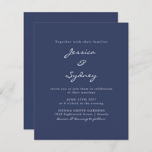 Budget Moderne Navy Blue Script Wedding Invitation (Voorkant / Achterkant)