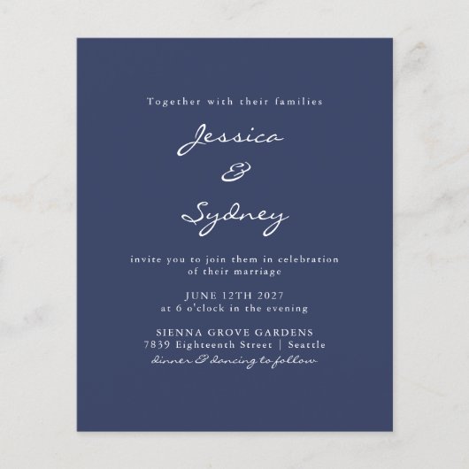 Budget Moderne Navy Blue Script Wedding Invitation (Voorkant)