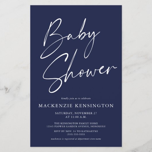 Budget Moderne Navy Blue Simple Script-Baby shower (Voorkant)