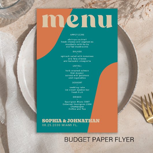 Budget moderne retro groovy huwelijksmenu sjabloon flyer