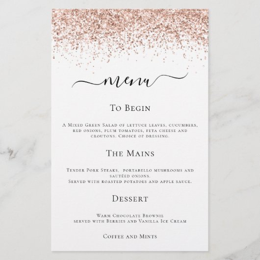 Budget Moderne Roos Gold Glitter Wedding Menu (Voorkant)