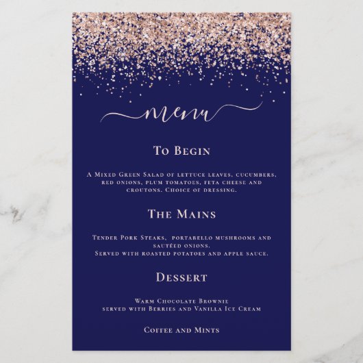 Budget Moderne Roos Gold Glitter Wedding Navy Menu (Voorkant)