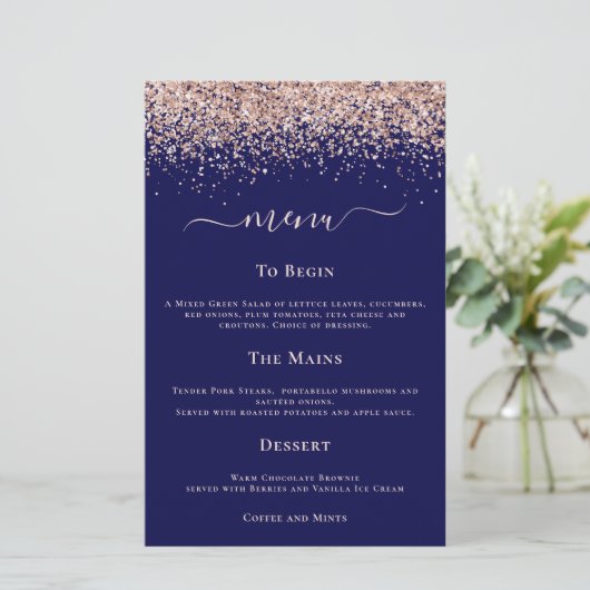 Budget Moderne Roos Gold Glitter Wedding Navy Menu (Staand voorkant)