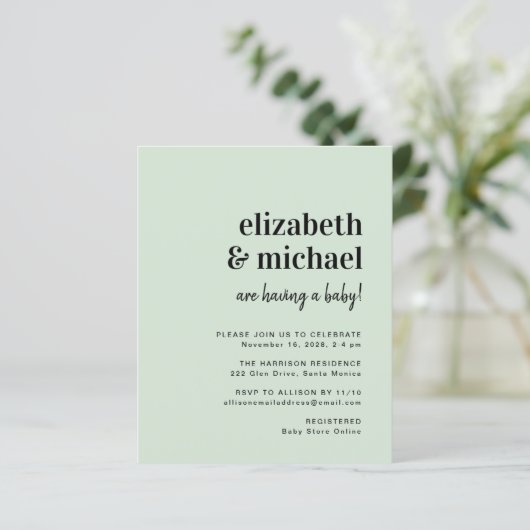 Budget Moderne Sage Couples Baby shower Uitnodigin (Staand voorkant)