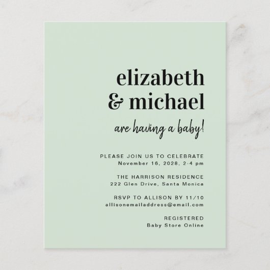 Budget Moderne Sage Couples Baby shower Uitnodigin (Voorkant)