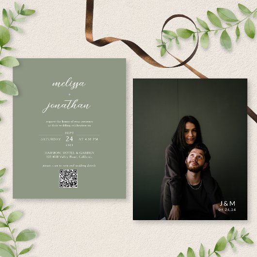 BUDGET Moderne Sage Groene Foto QR Code Trouwen