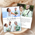Budget Moderne Script Photo Weddenschap Hartelijk<br><div class="desc">Budget Modern Elegant Liefde en Bedankt Script 3 Fotocollage Bruiloft Dank u betaalbare low budget dunne kaart. Stijlvolle bruiloft dank u sjabloon met 3 foto op de voorkant met "Liefde en Bedankt" tekst in een met de hand geletterde kalligrafie of typografie swash tail lettertype script in zwart-wit. Weinig liefde hart...</div>