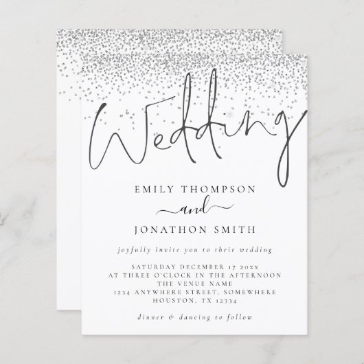 Budget Moderne Script Silver Glitter Wedding Invit (Voorkant / Achterkant)