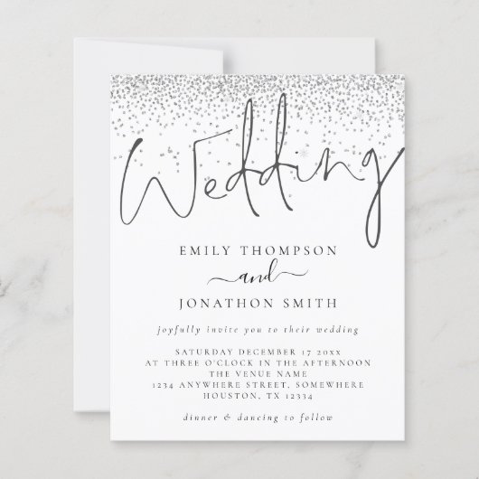 Budget Moderne Script Silver Glitter Wedding Invit (Voorkant)