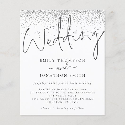 Budget Moderne Script Silver Glitter Wedding Invit (Voorkant)