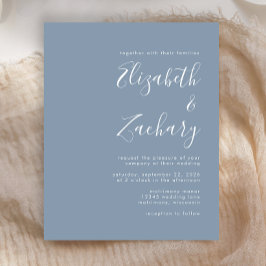 Budget moderne script stoffig blauwe trouwuitnodig