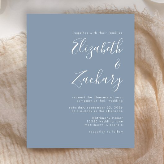 Budget moderne script stoffig blauwe trouwuitnodig
