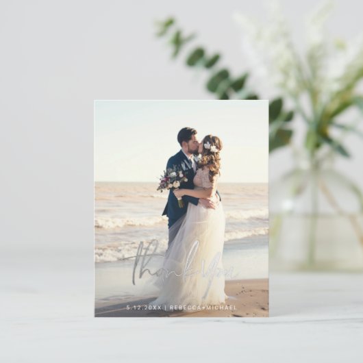 Budget Moderne Script Trouwfoto Dankkaartjes (Staand voorkant)