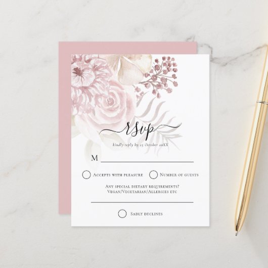 Budget Moderne Stusty Roos Florals Wedding RSVP (Voorkant / Achterkant in situ)