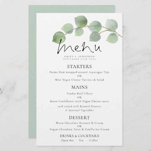 Budget Moderne Waterverf Eucalyptus Wedding Menu (Voorkant / Achterkant)
