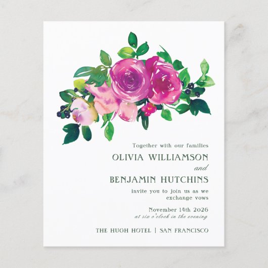 Budget Moderne Waterverf Magenta Floral Wedding (Voorkant)