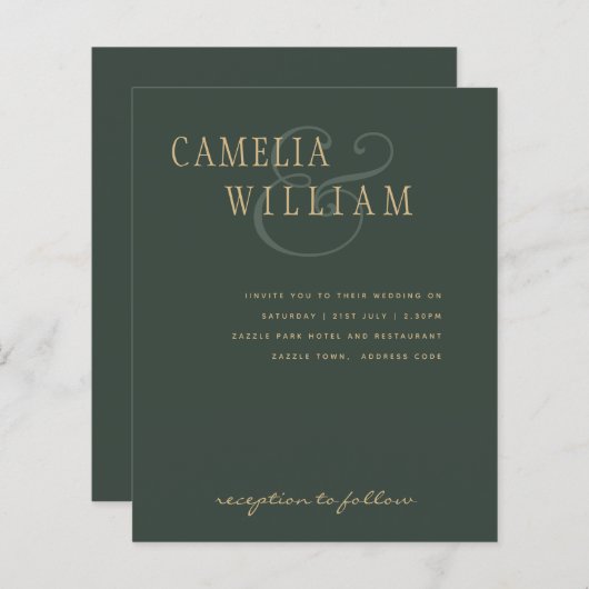 BUDGET Moderne Weddenschap Moss Green Gold uitnodi (Voorkant / Achterkant)