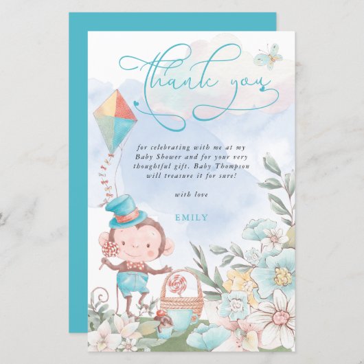 Budget Monkey Boy Baby shower Picnic Bedankt (Voorkant / Achterkant)