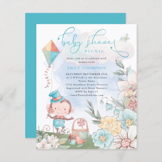 Budget Monkey Boy Baby shower Picnic Uitnodiging (Voorkant / Achterkant)