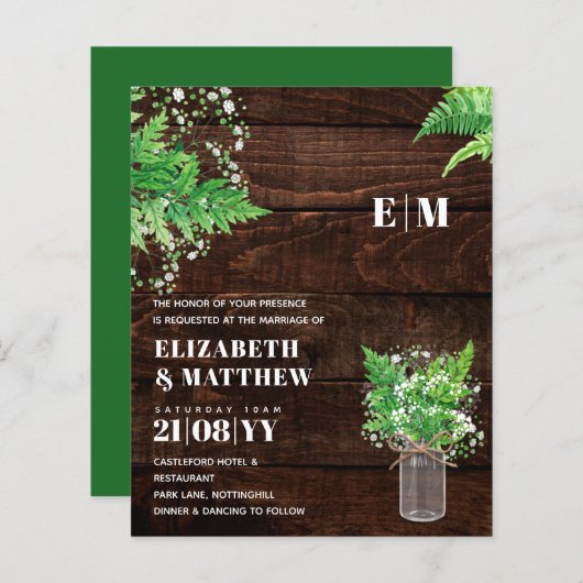 BUDGET Monochromatische Fern Greenery Wedding Invi (Voorkant / Achterkant)