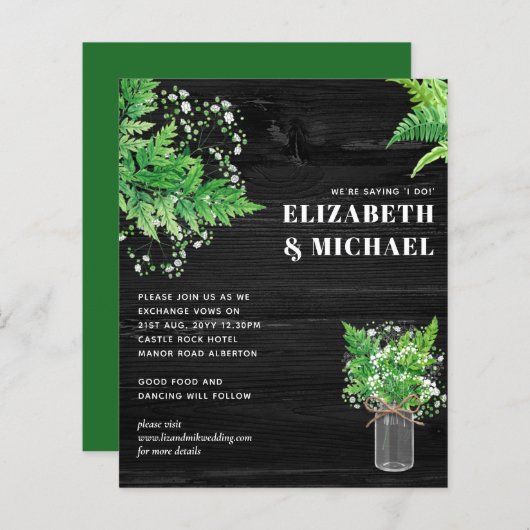 BUDGET Monochromatische Fern Greenery Wedding Invi (Voorkant / Achterkant)
