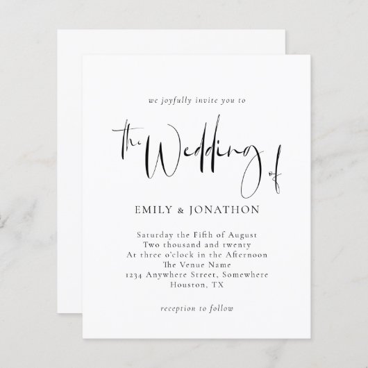 Budget Monochrome Script Weduwen Uitnodiging (Voorkant / Achterkant)