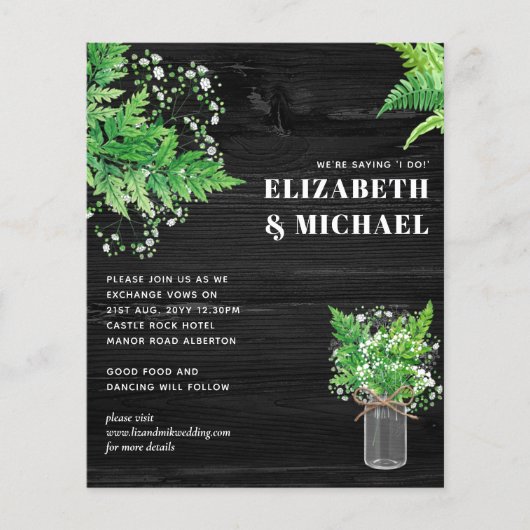 BUDGET Monochrome Varens Bloemen Bruiloft Uitnodig (Voorkant)